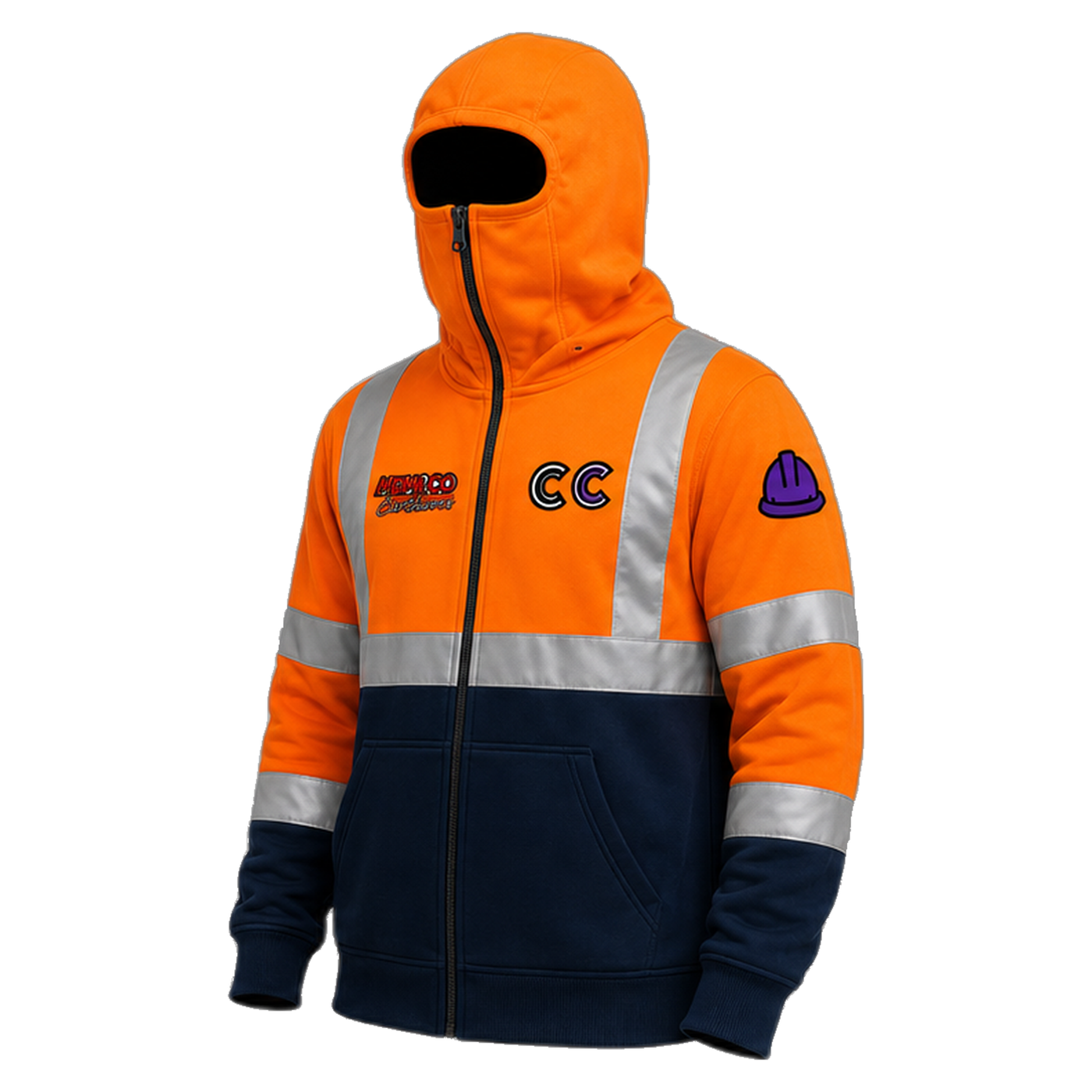 Crohn's Crew workwear hoodie orange navy angled transparent product photo